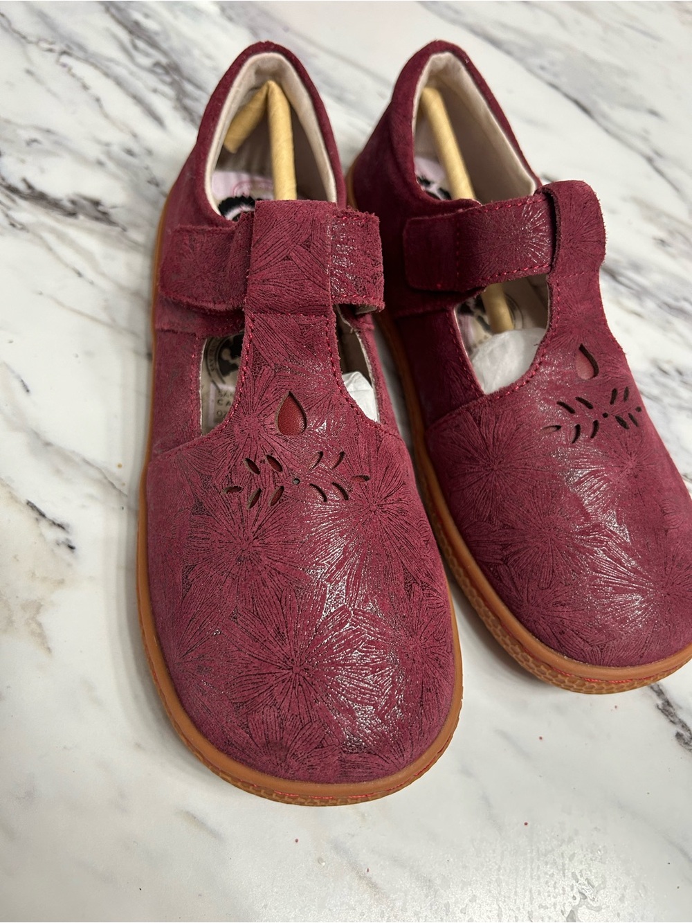 Livie & Luca Girls Burgundy Floral T-Strap Mary Janes - Picture 2 of 7